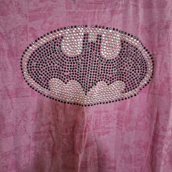 A Batman Emblem Women's Pink T-shirt Studded Sparkly Comic Print Casual XL - Picture 2 of 8